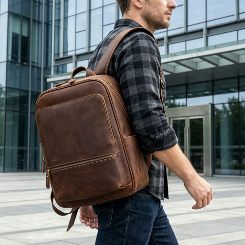 Leather Backpack with Front Zip Pocket