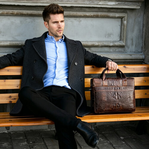 Croc-Embossed Cowhide Leather Briefcase