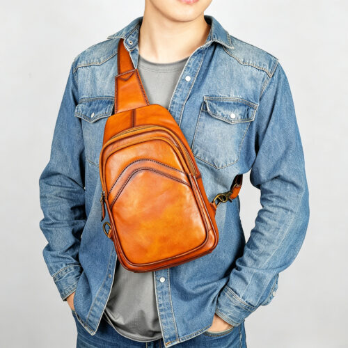 Cowhide Leather Sling Bag with Curved Front Pocket