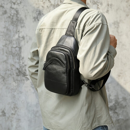 Cowhide Leather Sling Bag with Curved Front Pocket