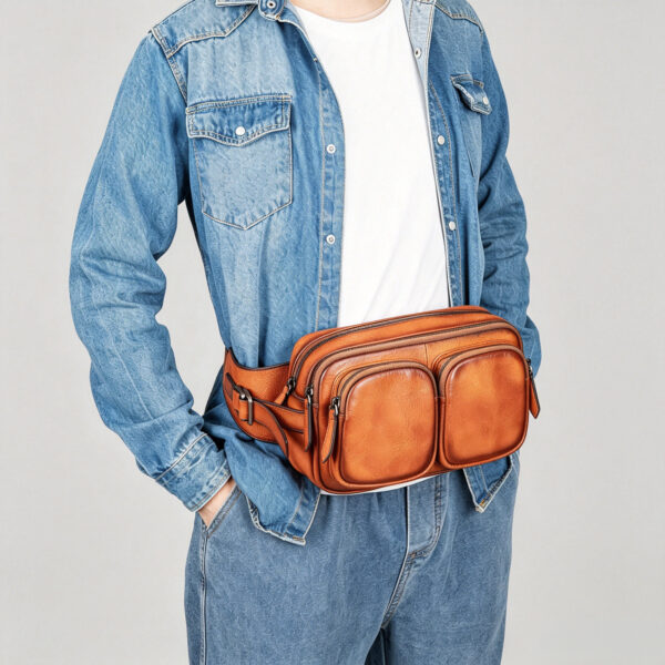 Cowhide Leather Sling Bag with Twin Front Pockets