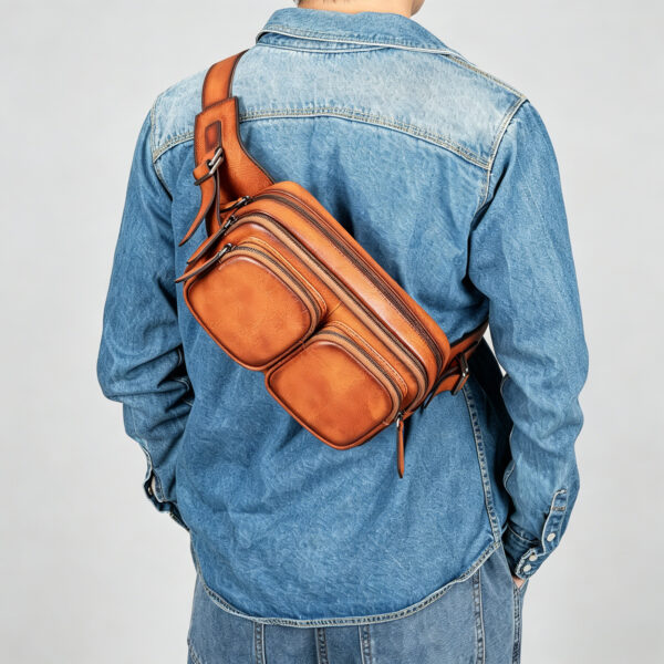 Cowhide Leather Sling Bag with Twin Front Pockets