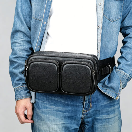 Cowhide Leather Sling Bag with Twin Front Pockets