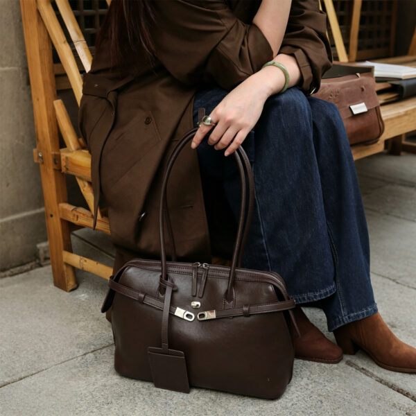 Cowhide Leather Shoulder Tote with Strap Detail