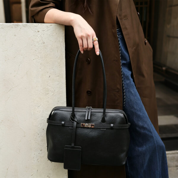 Cowhide Leather Shoulder Tote with Strap Detail