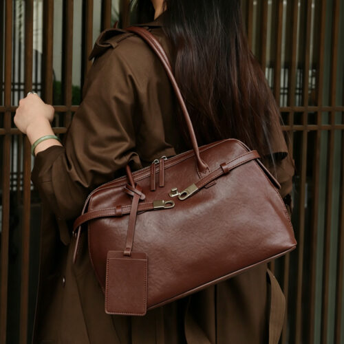Cowhide Leather Shoulder Tote with Strap Detail