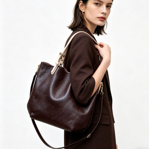 Cowhide Leather Tote with Contrast Handles