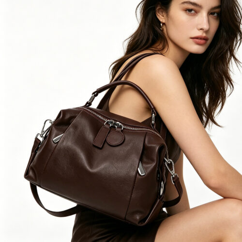 Three-Compartment Cowhide Leather Crossbody Bag