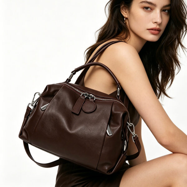 Three-Compartment Cowhide Leather Crossbody Bag