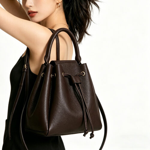 Cowhide Leather Drawstring Bucket Bag