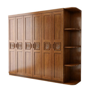 Walnut-Finish Six-Door Wardrobe with Corner Shelves
