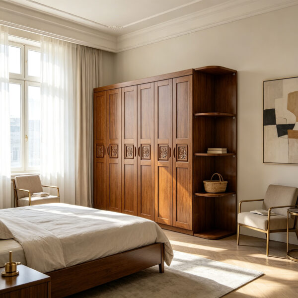 Walnut-Finish Six-Door Wardrobe with Corner Shelves