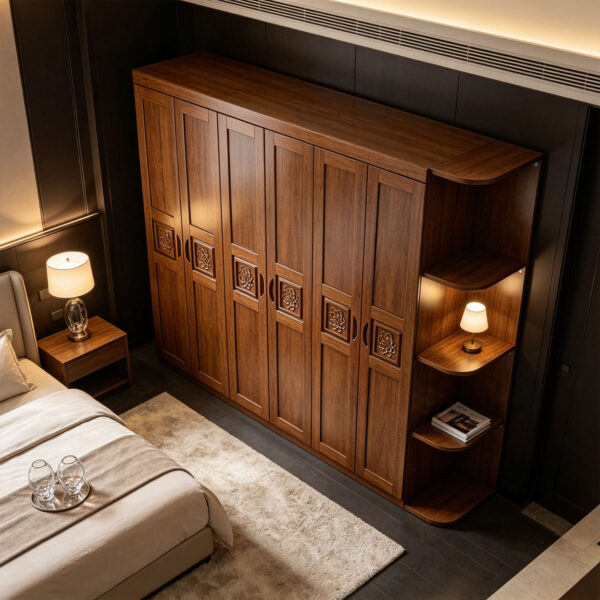 Walnut-Finish Six-Door Wardrobe with Corner Shelves