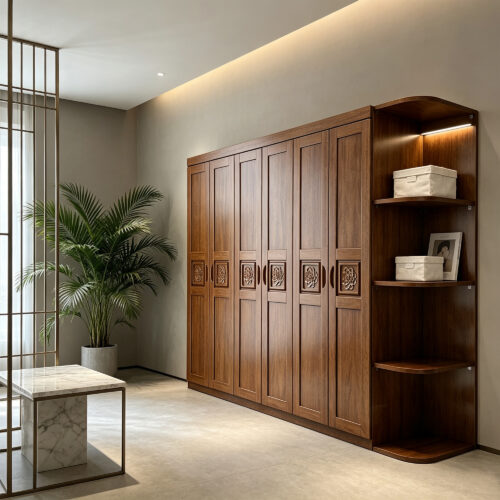 Walnut-Finish Six-Door Wardrobe with Corner Shelves