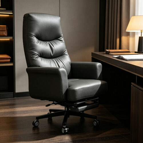 Grey PU Leather High-Back Adjustable Office Chair