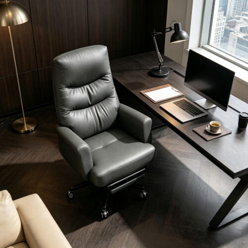 Grey PU Leather High-Back Adjustable Office Chair