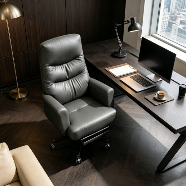 Grey PU Leather High-Back Adjustable Office Chair