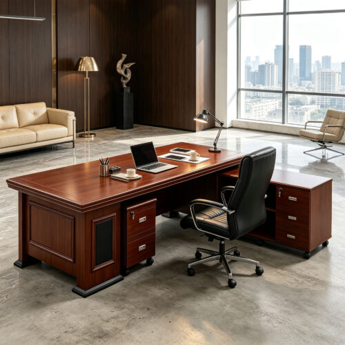 Walnut-Finish L-Shaped Executive Desk