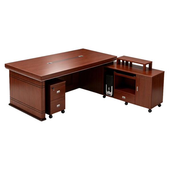 Walnut-Finish L-Shaped Executive Desk with Front Panel