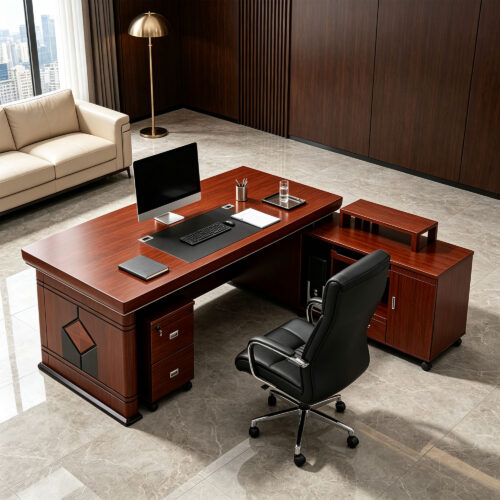 Walnut-Finish L-Shaped Executive Desk with Front Panel
