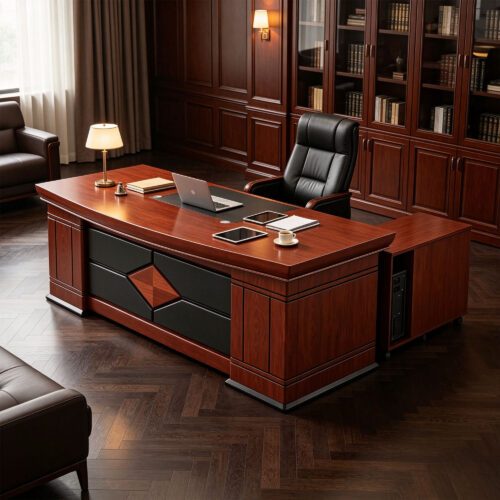Walnut-Finish L-Shaped Executive Desk with Front Panel