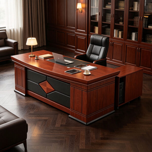 Walnut-Finish L-Shaped Executive Desk with Front Panel
