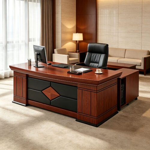 Walnut-Finish L-Shaped Executive Desk with Front Panel