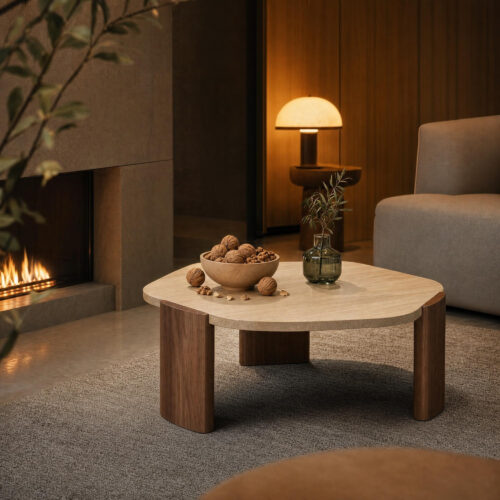 Aura Travertine and Solid Wood Coffee Table