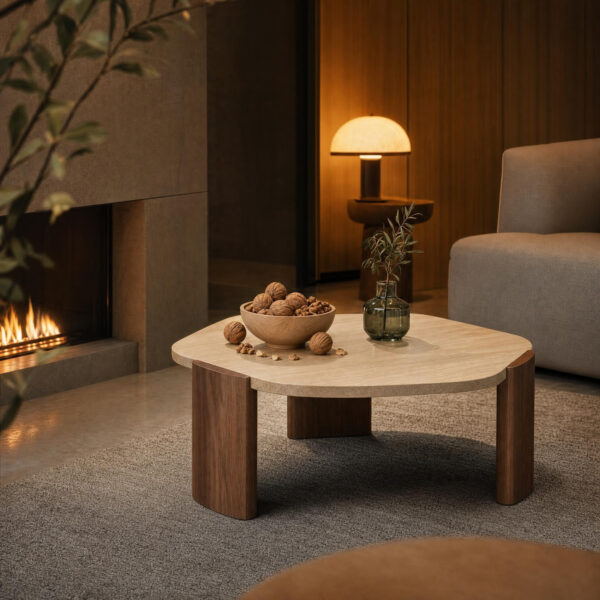 Aura Travertine and Solid Wood Coffee Table