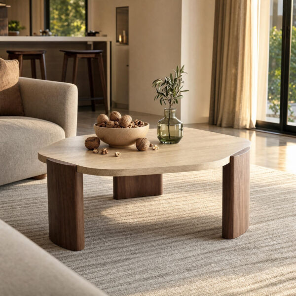 Aura Travertine and Solid Wood Coffee Table