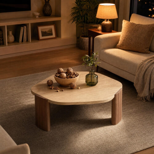 Aura Travertine and Solid Wood Coffee Table