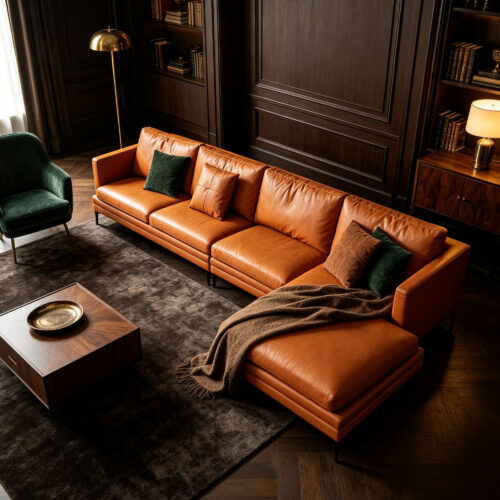 Brown Top-Grain Leather L-Shaped Sofa